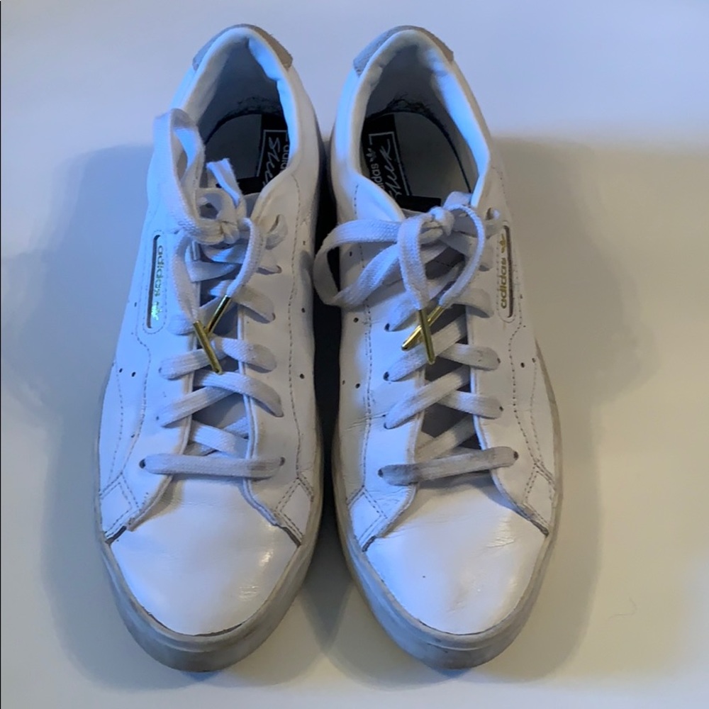 Adidas Sleek Leather Sneakers w/Gold Tipped Laces.